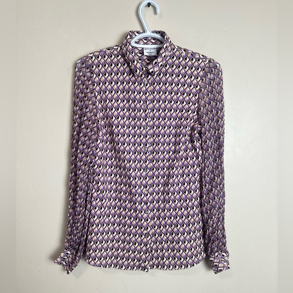 DESOTO Women's Size S Purple Cream Geometric Print Cotton Viscose Blouse Long Sl - Picture 2 of 6